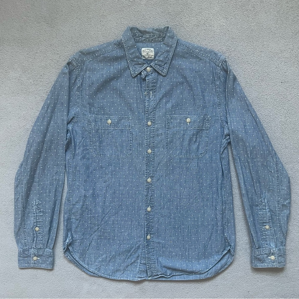 Men's J Crew Chambray Blue Long Sleeve Polka Dot Button Up Shirt Size-Medium